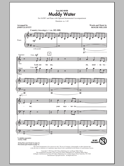 Download Roger Miller Muddy Water (arr. John Leavitt) Sheet Music and learn how to play SATB PDF digital score in minutes