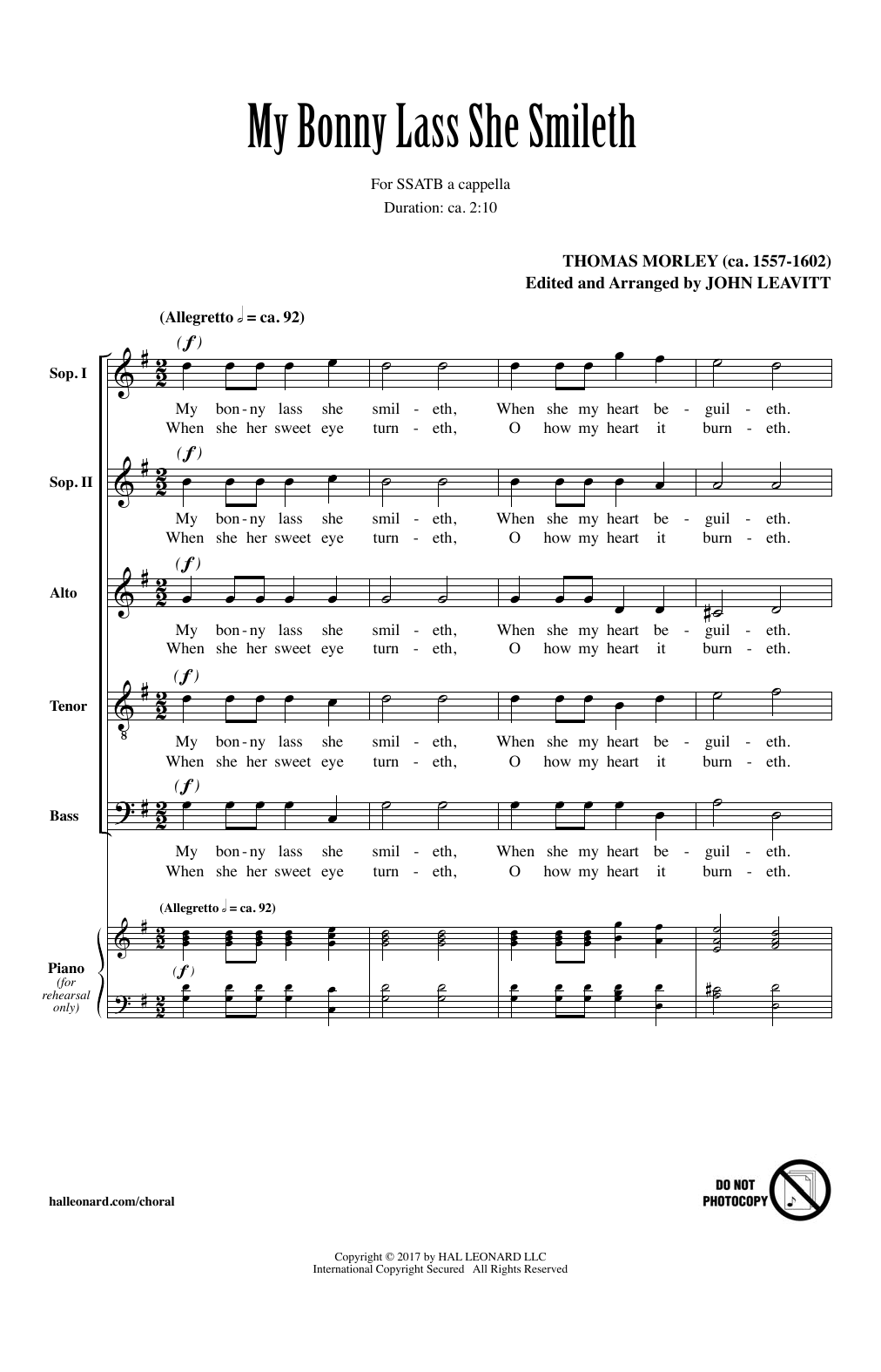 Download John Leavitt My Bonny Lass She Smileth Sheet Music and learn how to play SATB PDF digital score in minutes