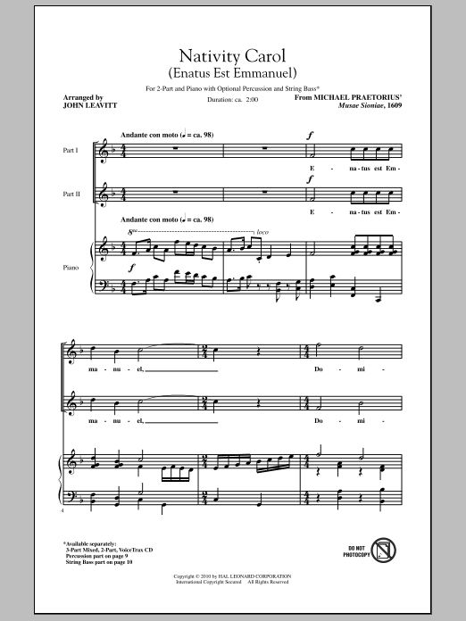 Download John Leavitt Nativity Carol (Enatus Est Emmanuel) Sheet Music and learn how to play 2-Part Choir PDF digital score in minutes