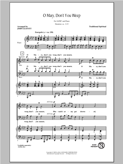Download Traditional Spiritual Oh Mary Don't You Weep (arr. John Leavitt) Sheet Music and learn how to play SSA PDF digital score in minutes