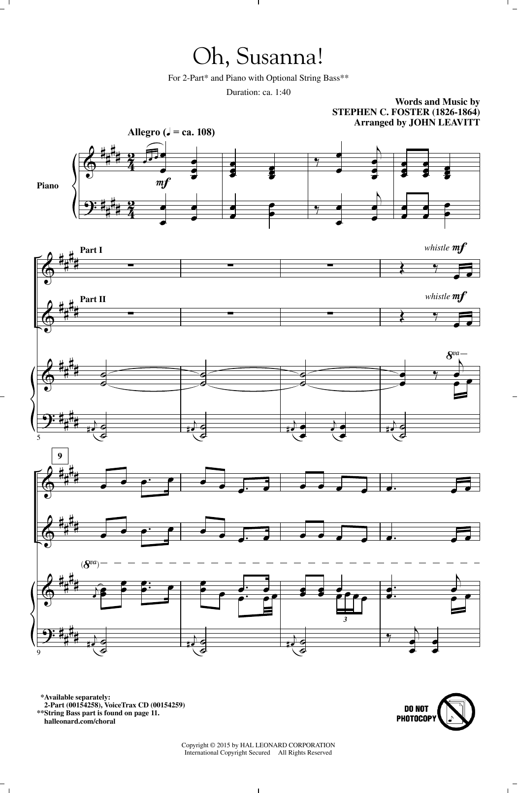 Download Stephen Foster Oh! Susanna (arr. John Leavitt) Sheet Music and learn how to play 2-Part Choir PDF digital score in minutes