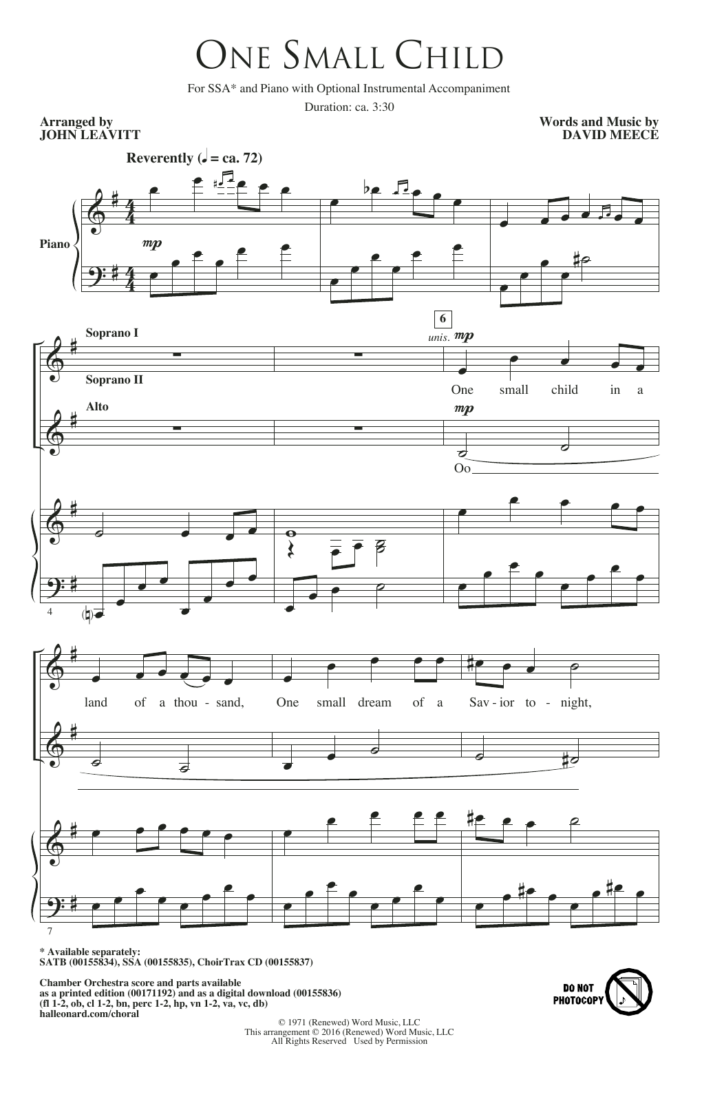 Download John Leavitt One Small Child Sheet Music and learn how to play SSA PDF digital score in minutes