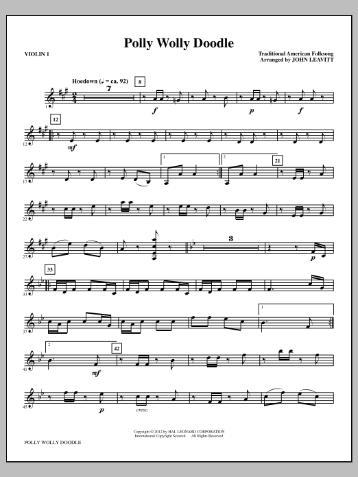 Download John Leavitt Polly Wolly Doodle - Violin 1 Sheet Music and learn how to play Choir Instrumental Pak PDF digital score in minutes