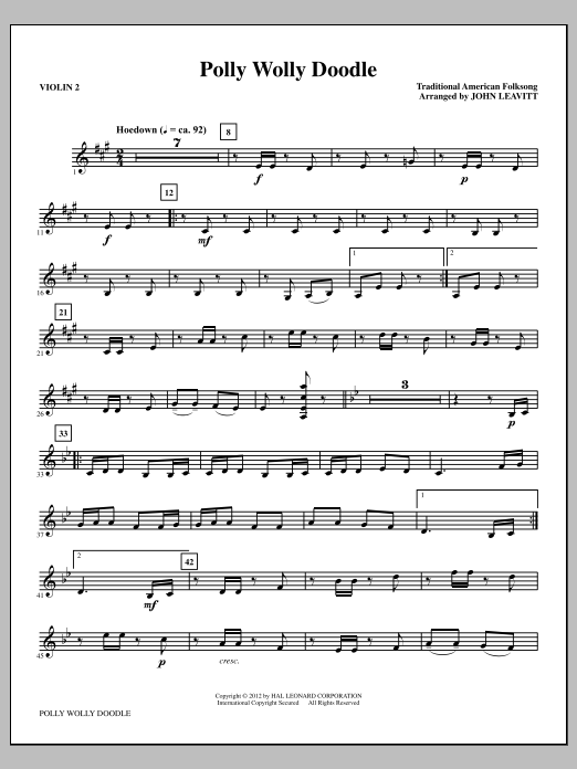 Download John Leavitt Polly Wolly Doodle - Violin 2 Sheet Music and learn how to play Choir Instrumental Pak PDF digital score in minutes