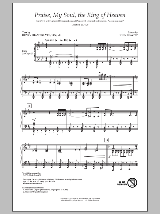 Download John Leavitt Praise My Soul, The King Of Heaven Sheet Music and learn how to play SATB PDF digital score in minutes