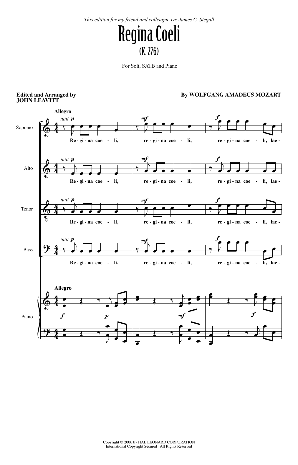 Download Wolfgang Amadeus Mozart Regina Coeli KV276 (arr. John Leavitt) Sheet Music and learn how to play SATB PDF digital score in minutes
