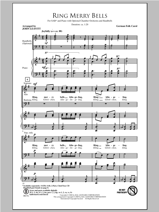Download Traditional Carol Ring Merry Bells (arr. John Leavitt) Sheet Music and learn how to play SATB PDF digital score in minutes