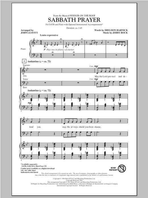 Download John Leavitt Sabbath Prayer (from Fiddler On The Roof) Sheet Music and learn how to play SATB PDF digital score in minutes