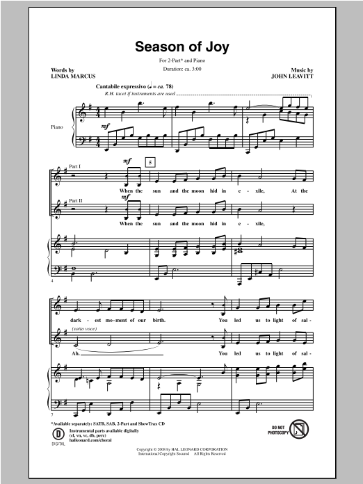 Download John Leavitt Season Of Joy Sheet Music and learn how to play 2-Part Choir PDF digital score in minutes
