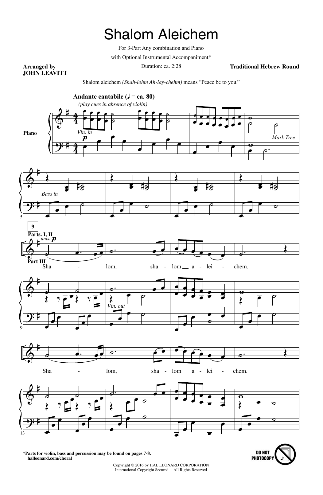 Download John Leavitt Shalom Aleichem Sheet Music and learn how to play 3-Part Mixed PDF digital score in minutes