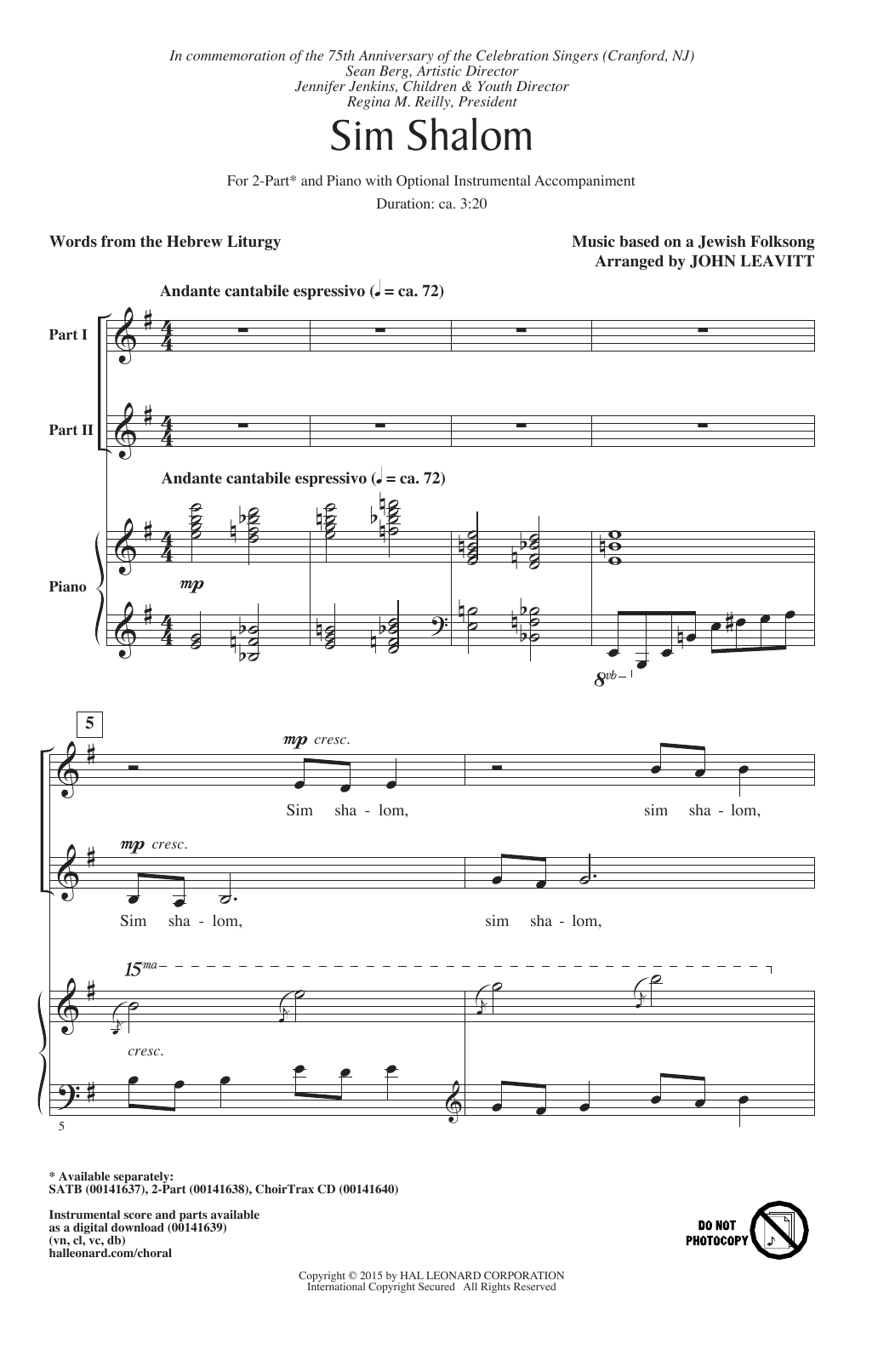 Download John Leavitt Sim Shalom Sheet Music and learn how to play 2-Part Choir PDF digital score in minutes