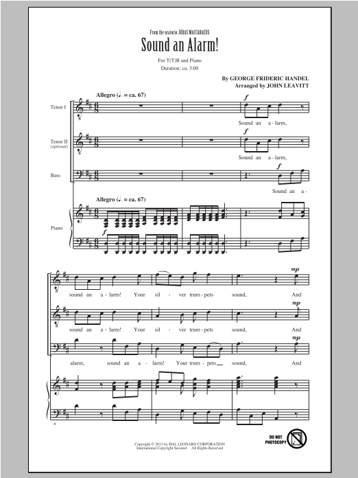 Download George Frideric Handel Sound An Alarm! (arr. John Leavitt) Sheet Music and learn how to play TB PDF digital score in minutes