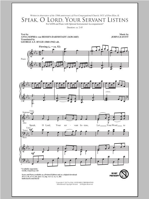 Download John Leavitt Speak, O Lord, Your Servant Listens Sheet Music and learn how to play SATB PDF digital score in minutes