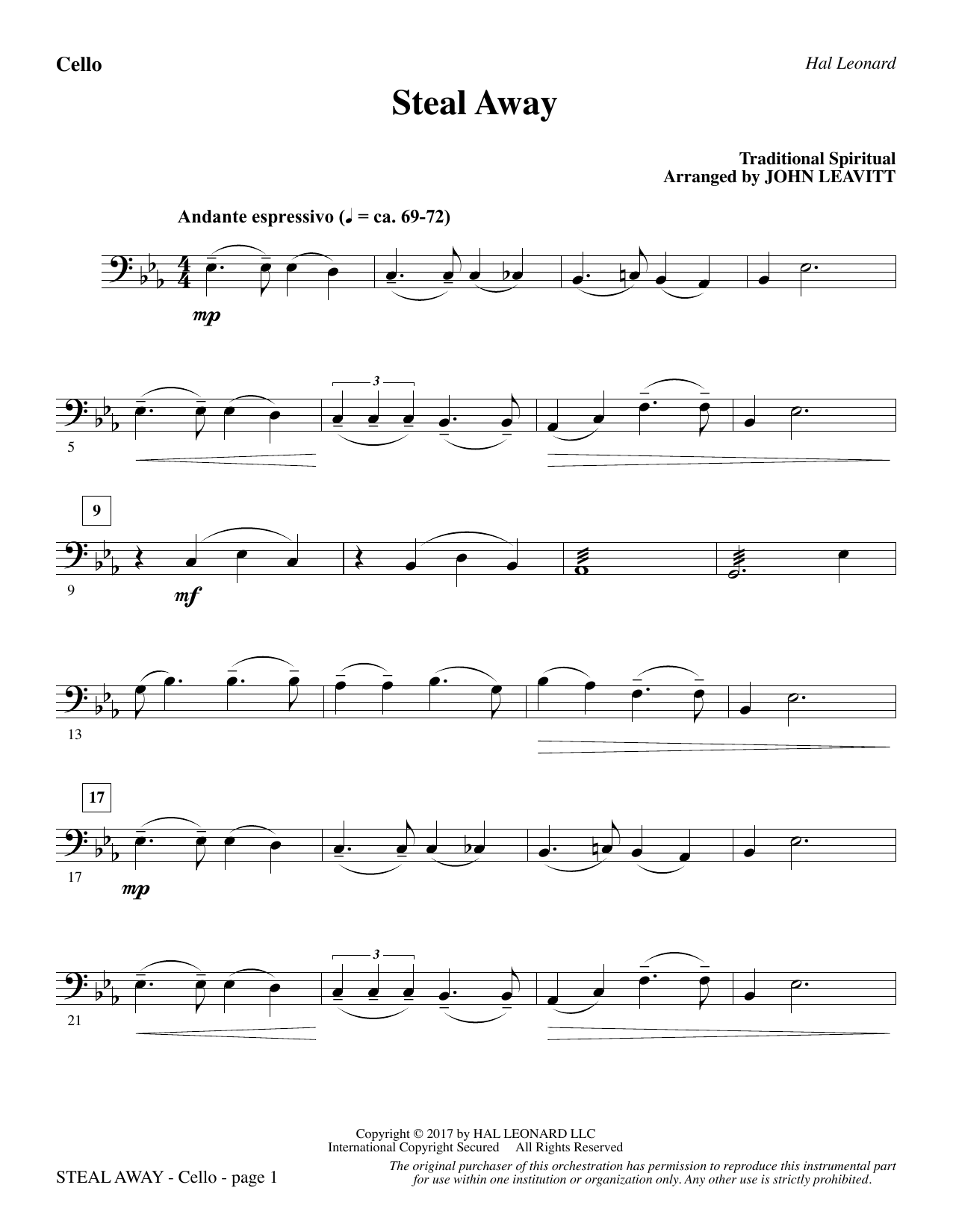 Download John Leavitt Steal Away - Cello Sheet Music and learn how to play Choir Instrumental Pak PDF digital score in minutes