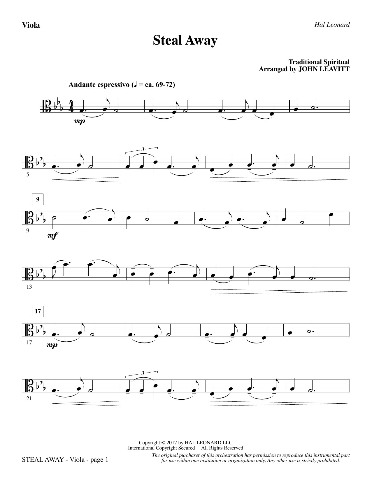 Download John Leavitt Steal Away - Viola Sheet Music and learn how to play Choir Instrumental Pak PDF digital score in minutes