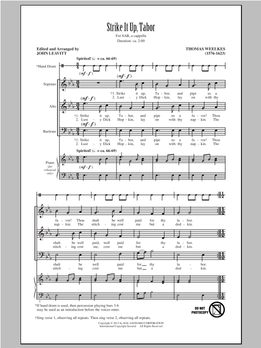Download Thomas Weelkes Strike It Up, Tabor (arr. John Leavitt) Sheet Music and learn how to play SAB PDF digital score in minutes