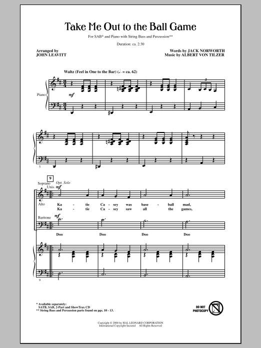 Download Albert von Tilzer Take Me Out To The Ball Game (arr. John Leavitt) Sheet Music and learn how to play 2-Part Choir PDF digital score in minutes