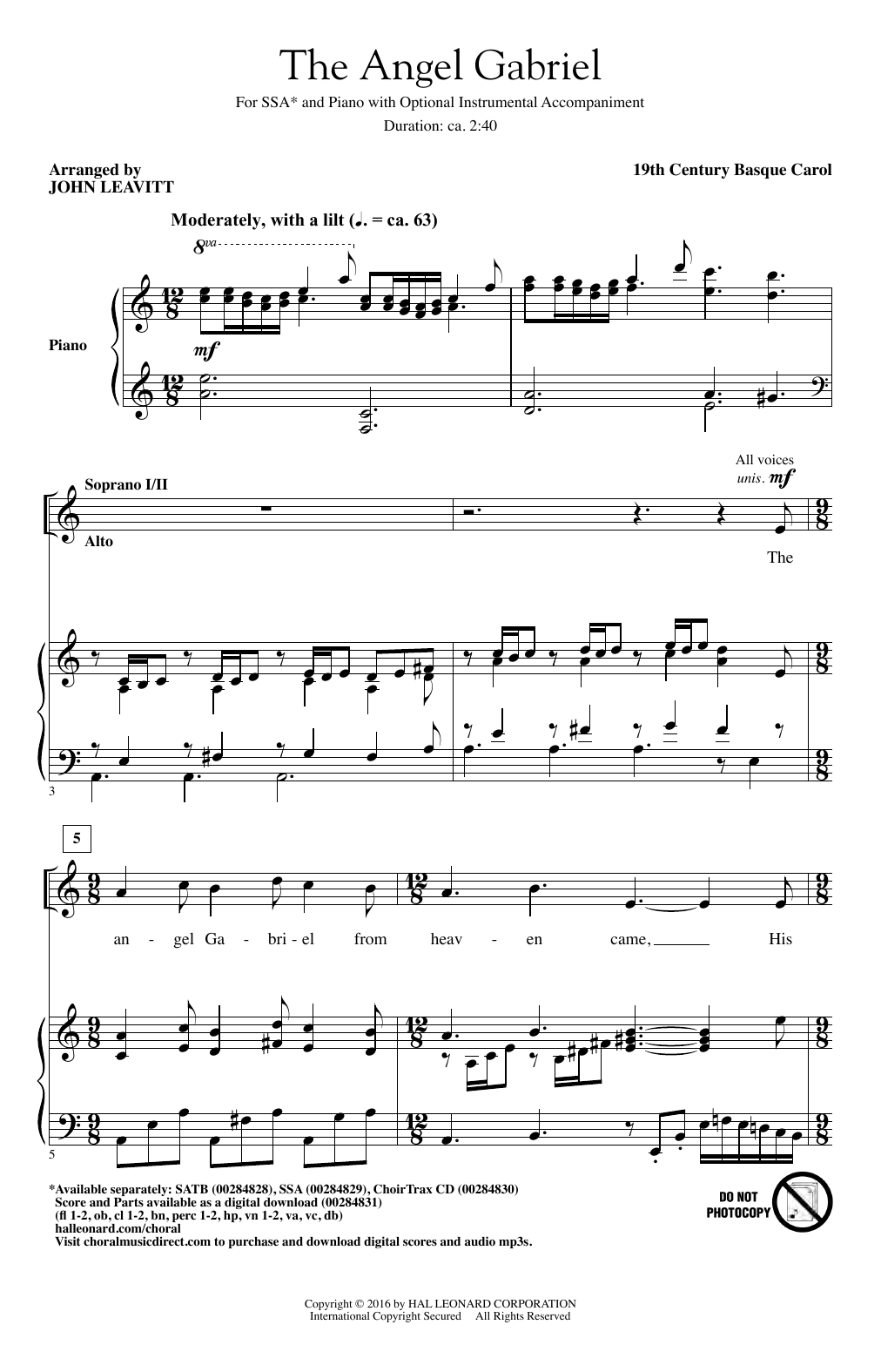 Download John Leavitt The Angel Gabriel Sheet Music and learn how to play SSA Choir PDF digital score in minutes