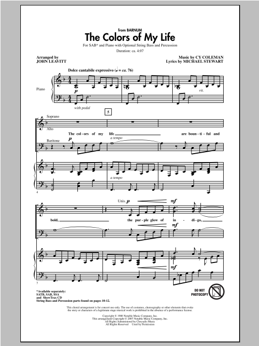 Download Cy Coleman The Colors Of My Life (arr. John Leavitt) Sheet Music and learn how to play SSA PDF digital score in minutes