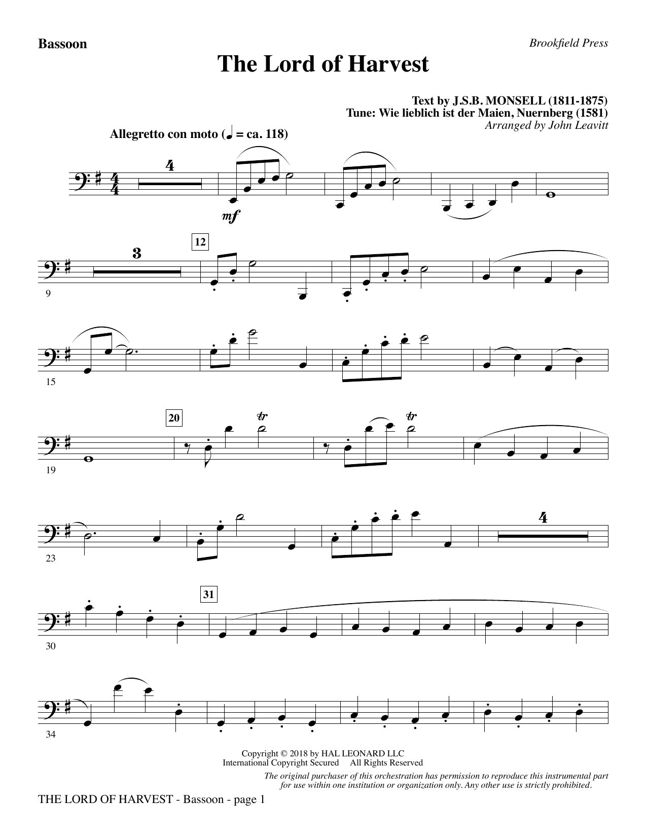 Download John Leavitt The Lord of Harvest - Bassoon Sheet Music and learn how to play Choir Instrumental Pak PDF digital score in minutes