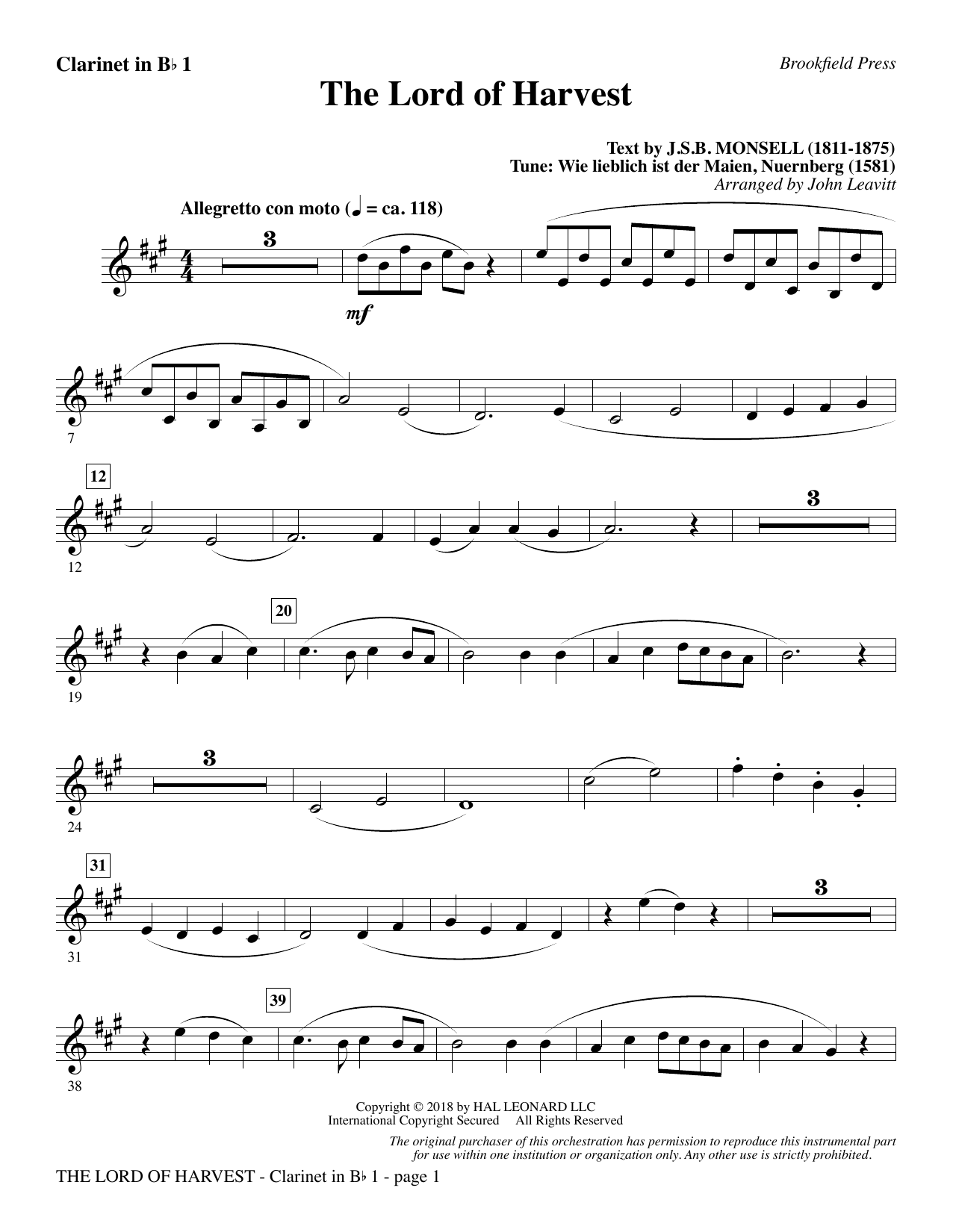 Download John Leavitt The Lord of Harvest - Bb Clarinet 1 Sheet Music and learn how to play Choir Instrumental Pak PDF digital score in minutes