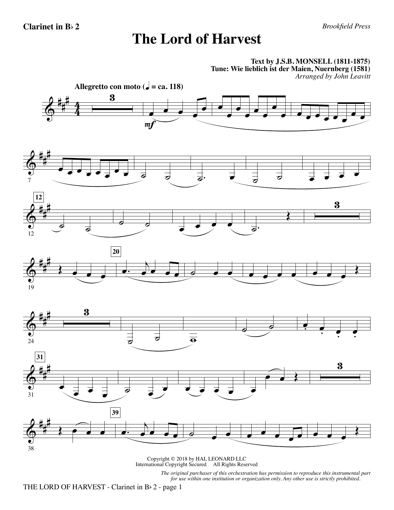 Download John Leavitt The Lord of Harvest - Bb Clarinet 2 Sheet Music and learn how to play Choir Instrumental Pak PDF digital score in minutes