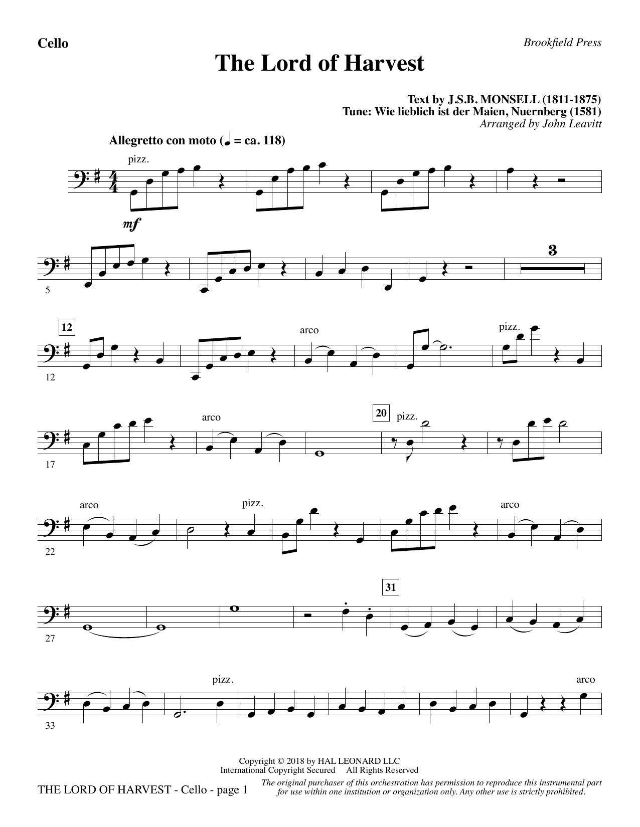 Download John Leavitt The Lord of Harvest - Cello Sheet Music and learn how to play Choir Instrumental Pak PDF digital score in minutes