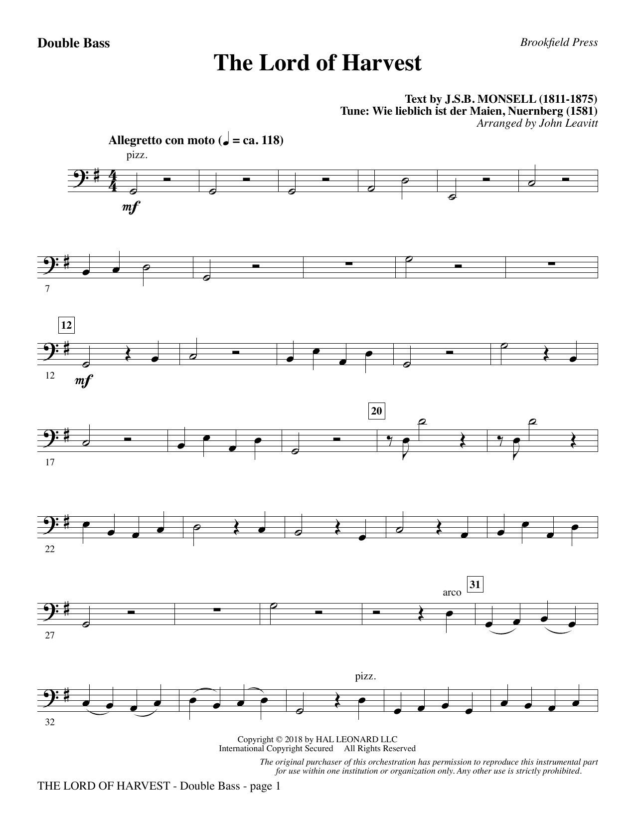 Download John Leavitt The Lord of Harvest - Double Bass Sheet Music and learn how to play Choir Instrumental Pak PDF digital score in minutes