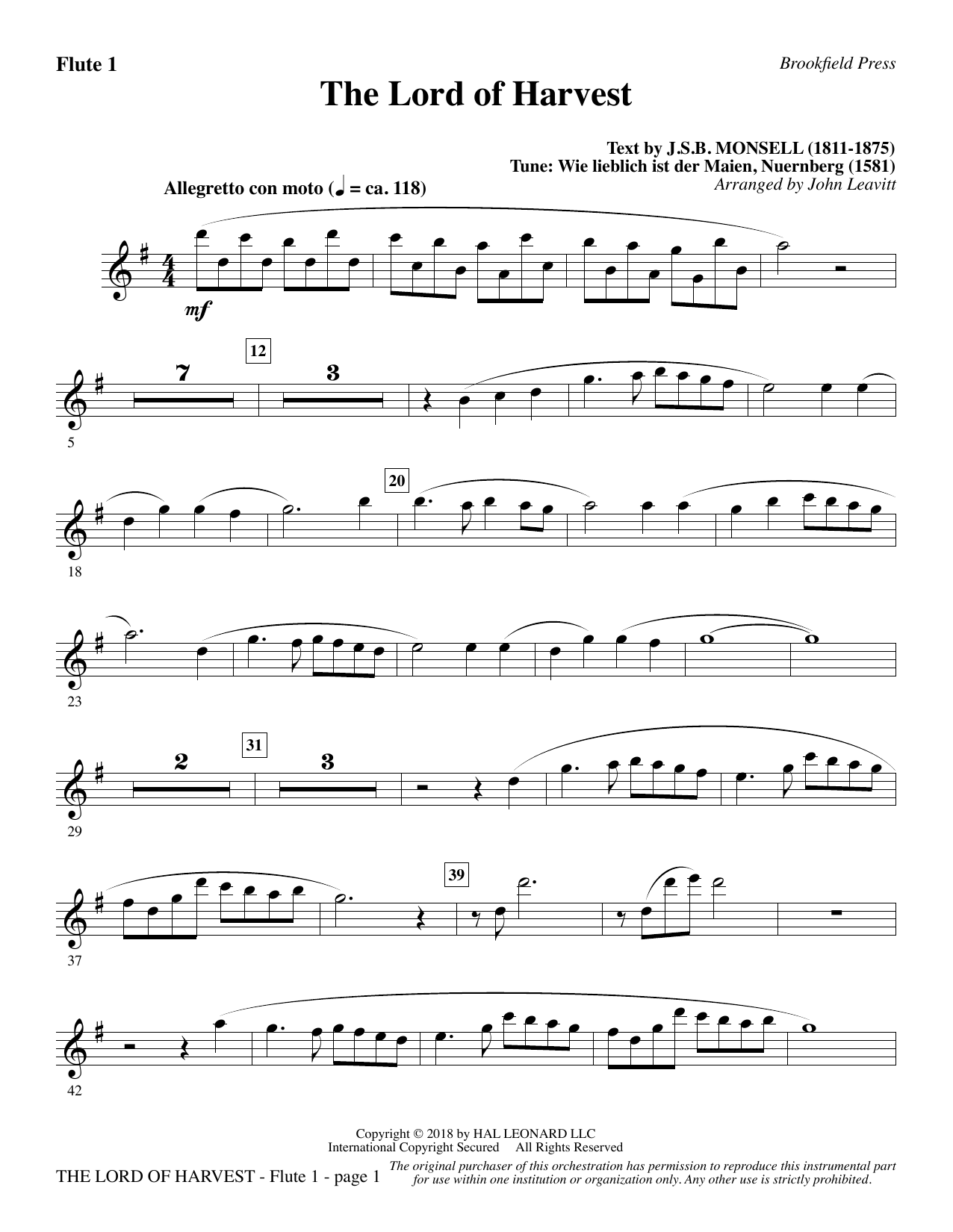Download John Leavitt The Lord of Harvest - Flute 1 Sheet Music and learn how to play Choir Instrumental Pak PDF digital score in minutes