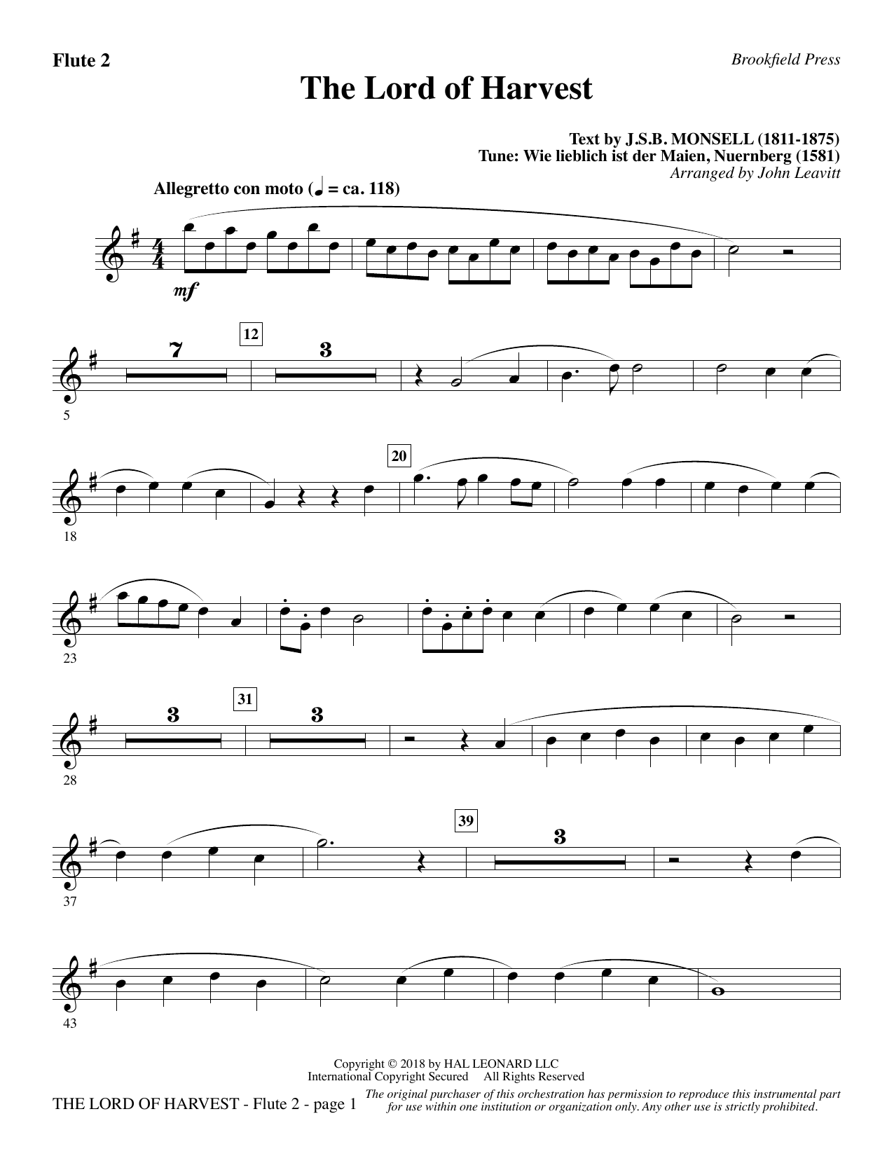 Download John Leavitt The Lord of Harvest - Flute 2 Sheet Music and learn how to play Choir Instrumental Pak PDF digital score in minutes