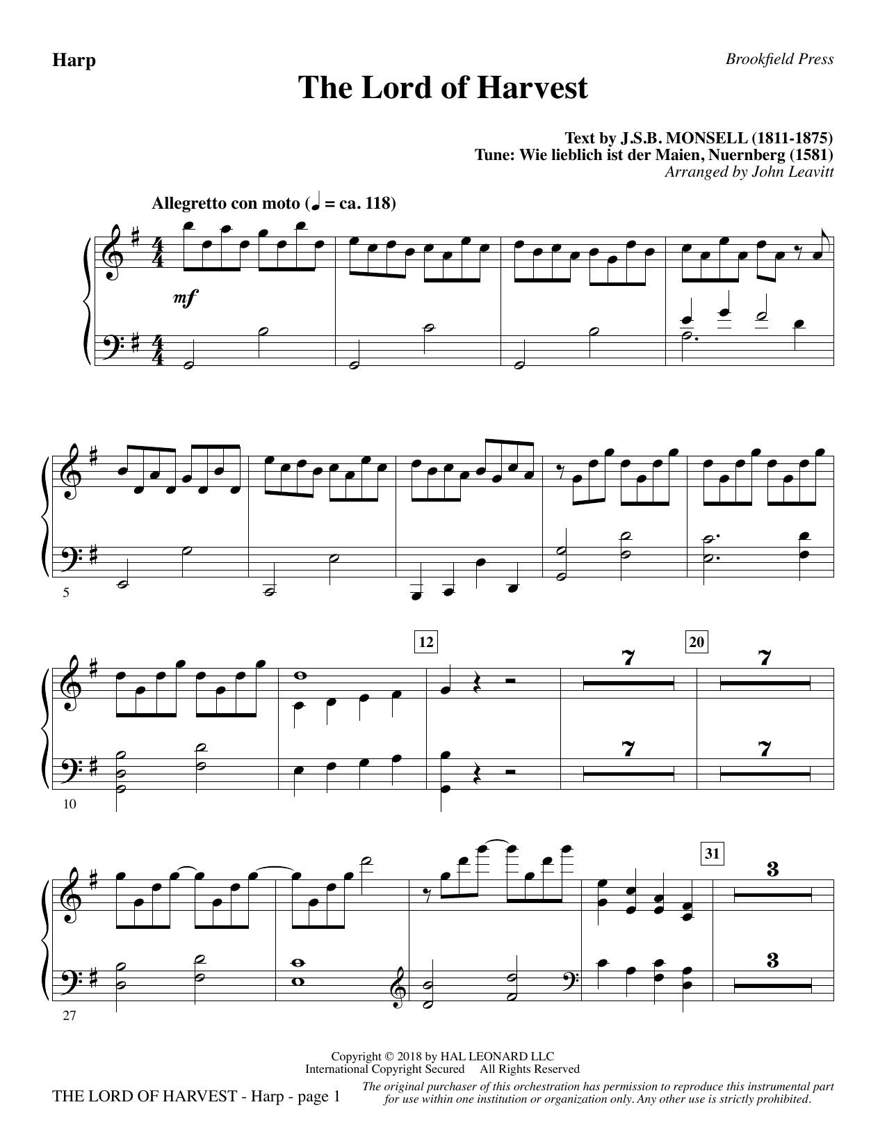 Download John Leavitt The Lord of Harvest - Harp Sheet Music and learn how to play Choir Instrumental Pak PDF digital score in minutes