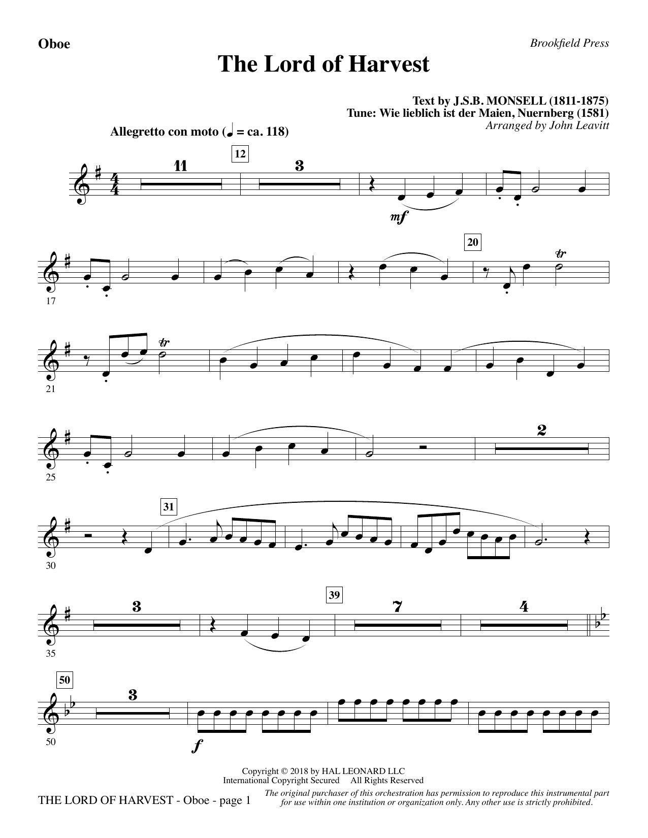 Download John Leavitt The Lord of Harvest - Oboe Sheet Music and learn how to play Choir Instrumental Pak PDF digital score in minutes