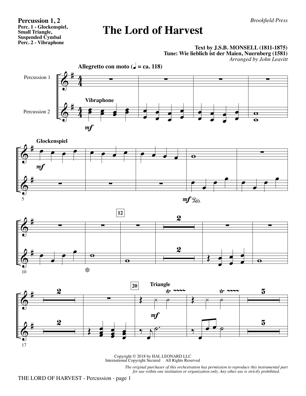 Download John Leavitt The Lord of Harvest - Percussion 1 & 2 Sheet Music and learn how to play Choir Instrumental Pak PDF digital score in minutes