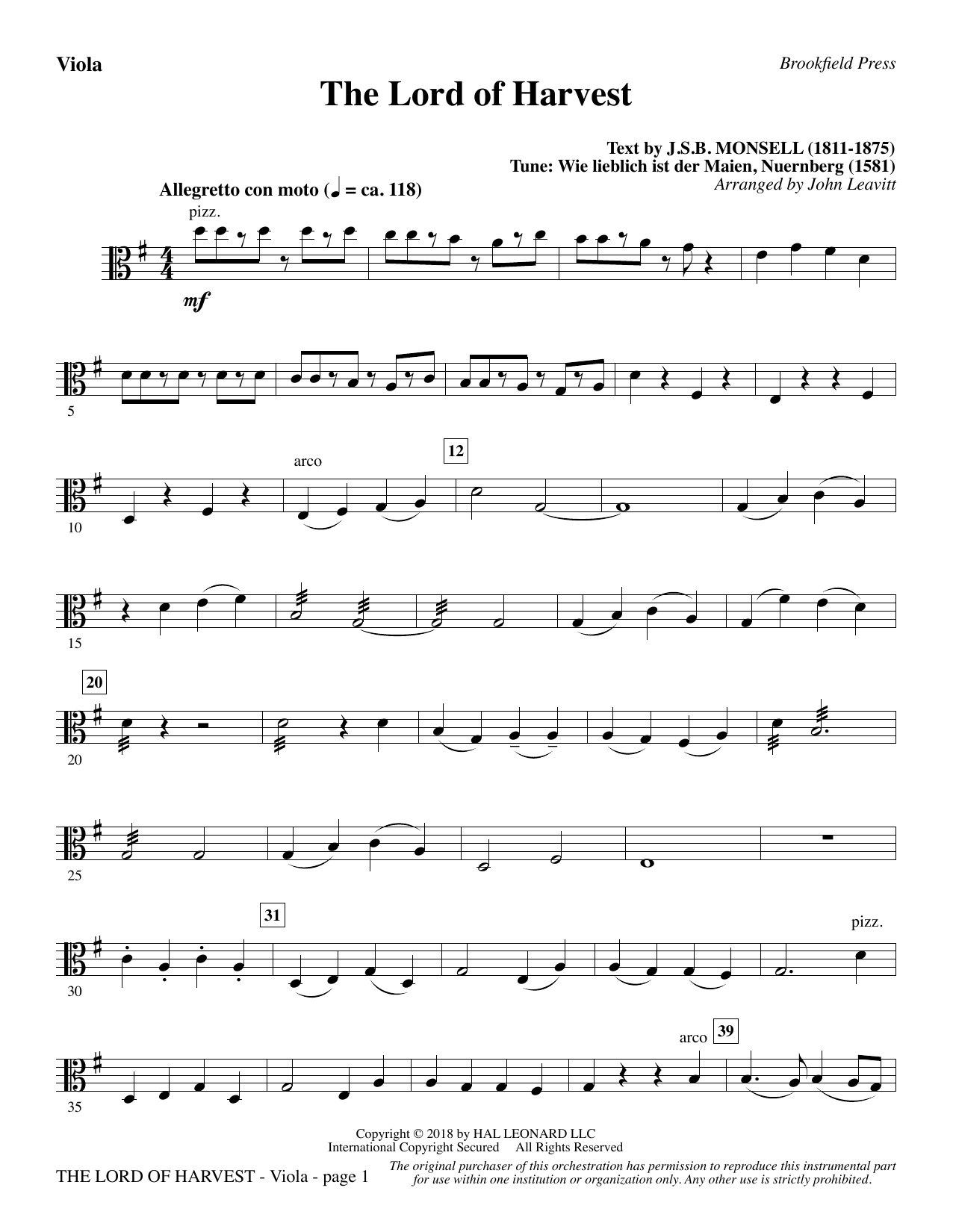 Download John Leavitt The Lord of Harvest - Viola Sheet Music and learn how to play Choir Instrumental Pak PDF digital score in minutes