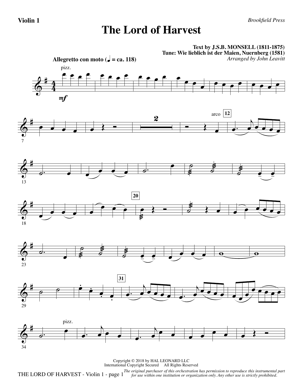 Download John Leavitt The Lord of Harvest - Violin 1 Sheet Music and learn how to play Choir Instrumental Pak PDF digital score in minutes