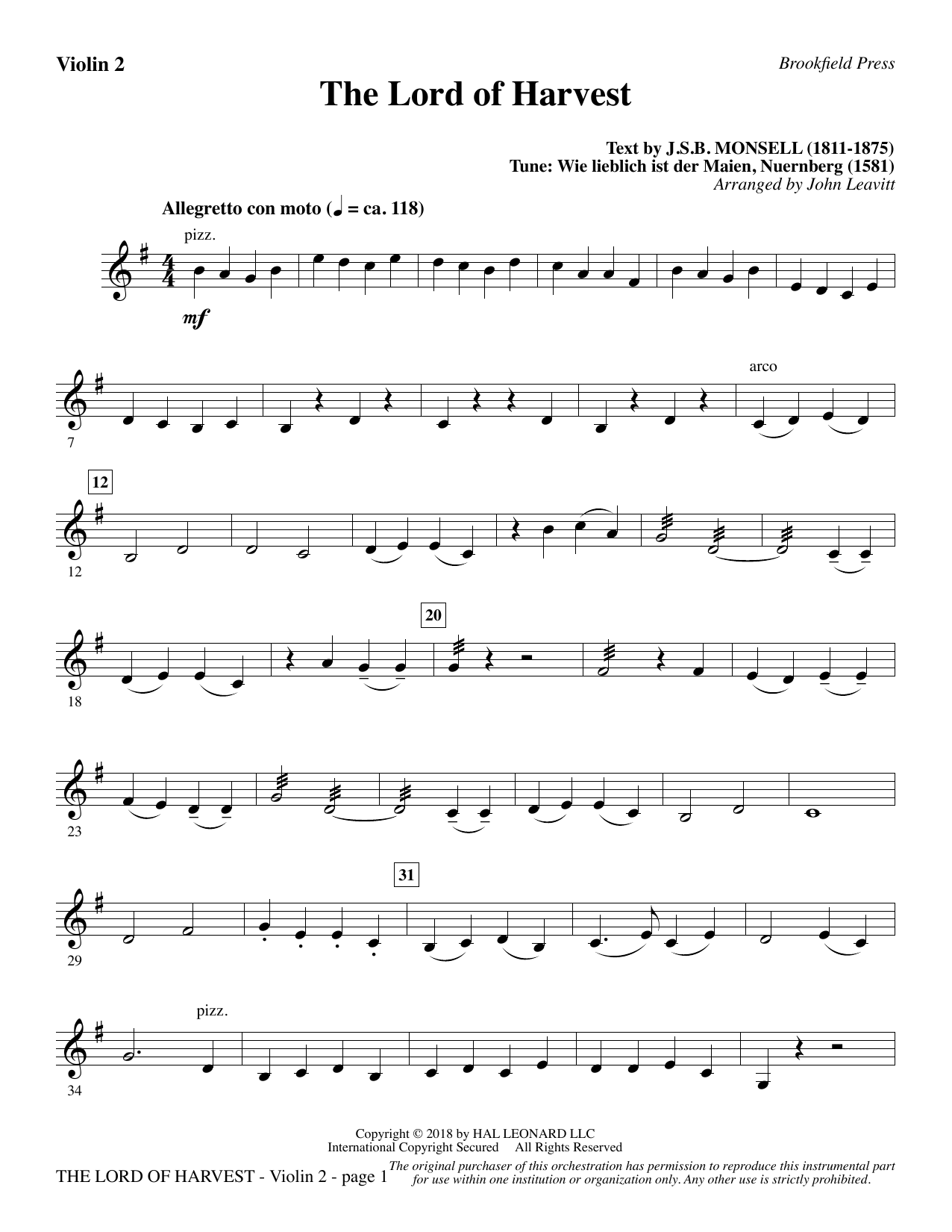 Download John Leavitt The Lord of Harvest - Violin 2 Sheet Music and learn how to play Choir Instrumental Pak PDF digital score in minutes