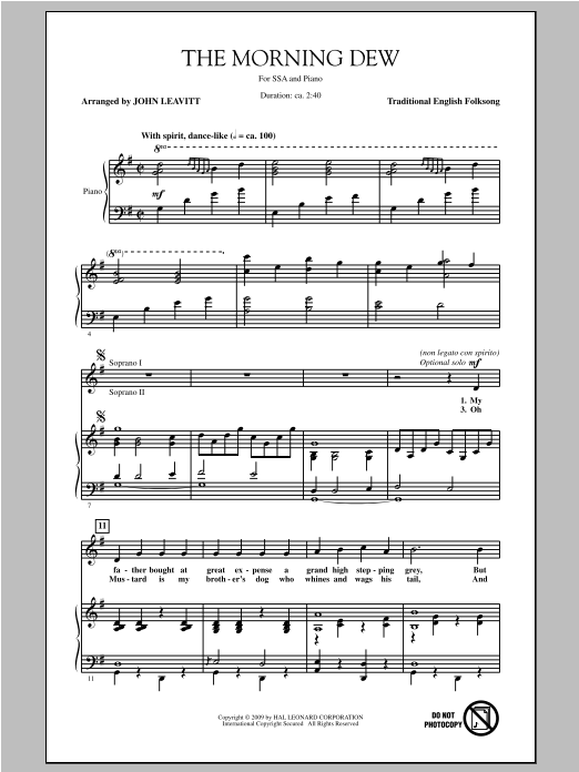 Download Traditional Folksong The Morning Dew (arr. John Leavitt) Sheet Music and learn how to play SSA PDF digital score in minutes