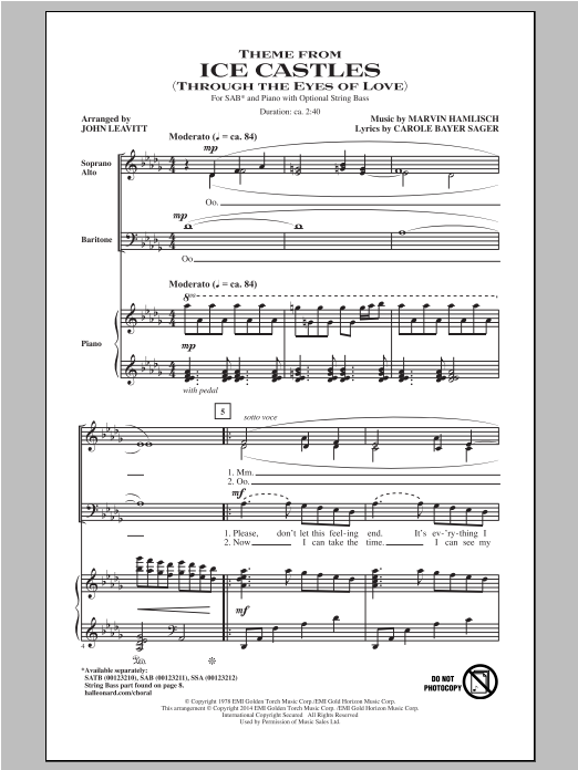 Download Marvin Hamlisch Theme From Ice Castles (Through The Eyes Of Love) (arr. John Leavitt) Sheet Music and learn how to play SATB PDF digital score in minutes