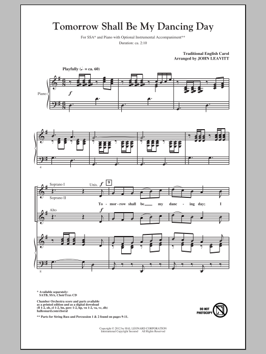 Download Traditional Carol Tomorrow Shall Be My Dancing Day (arr. John Leavitt) Sheet Music and learn how to play SATB PDF digital score in minutes