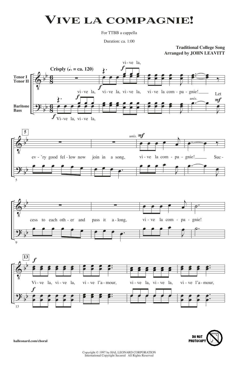 Download John Leavitt Vive La Compagnie! Sheet Music and learn how to play TTBB PDF digital score in minutes