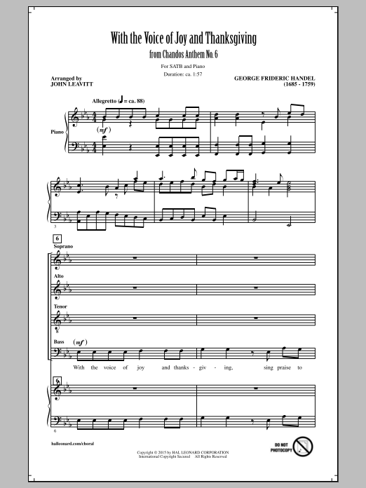 Download George Frideric Handel With The Voice Of Joy And Thanksgiving (arr. John Leavitt) Sheet Music and learn how to play SATB PDF digital score in minutes