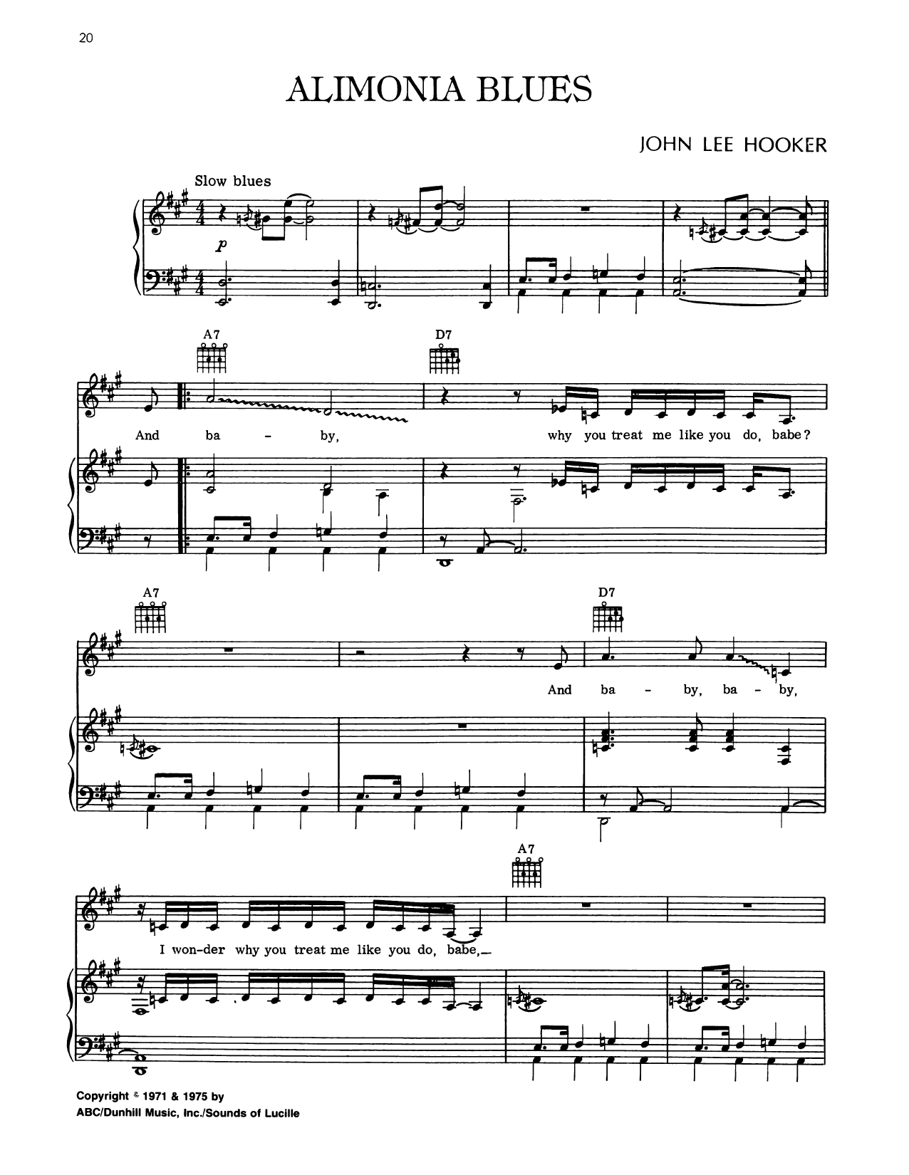 Download John Lee Hooker Alimonia Blues Sheet Music and learn how to play Piano, Vocal & Guitar Chords (Right-Hand Melody) PDF digital score in minutes