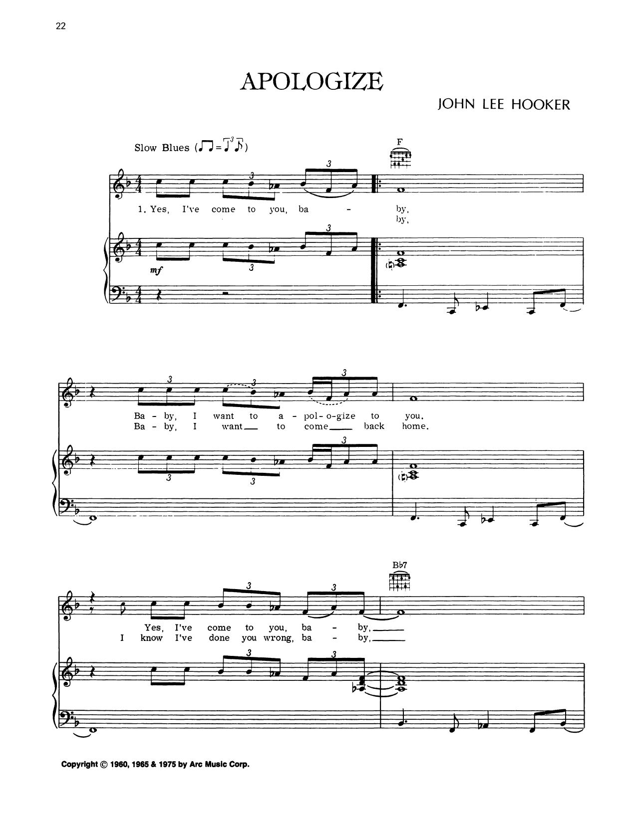 Download John Lee Hooker Apologize Sheet Music and learn how to play Piano, Vocal & Guitar Chords (Right-Hand Melody) PDF digital score in minutes