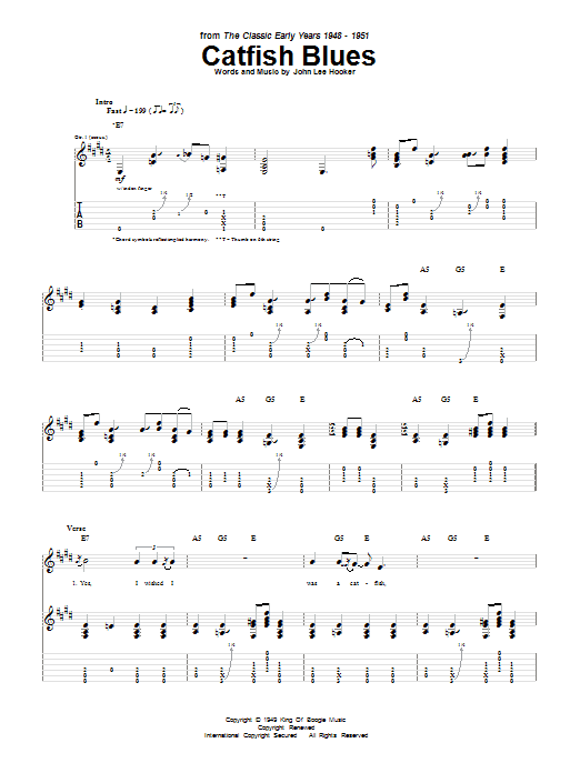 Download John Lee Hooker Catfish Blues Sheet Music and learn how to play Guitar Tab PDF digital score in minutes