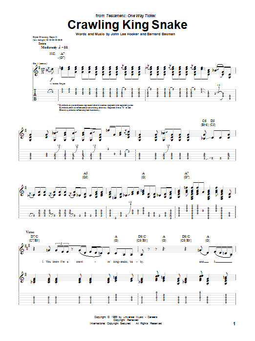 Download John Lee Hooker Crawling King Snake Sheet Music and learn how to play Guitar Tab PDF digital score in minutes