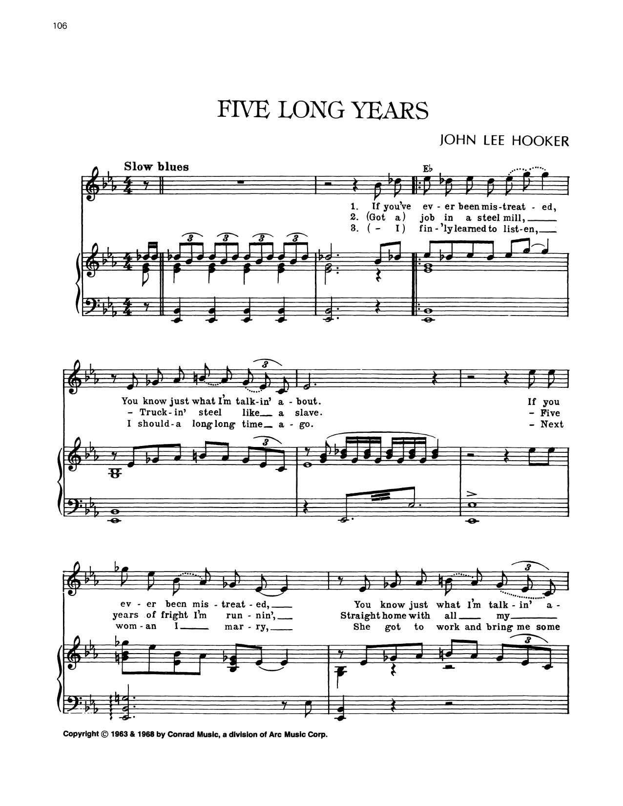 Download John Lee Hooker Five Long Years Sheet Music and learn how to play Piano, Vocal & Guitar Chords (Right-Hand Melody) PDF digital score in minutes