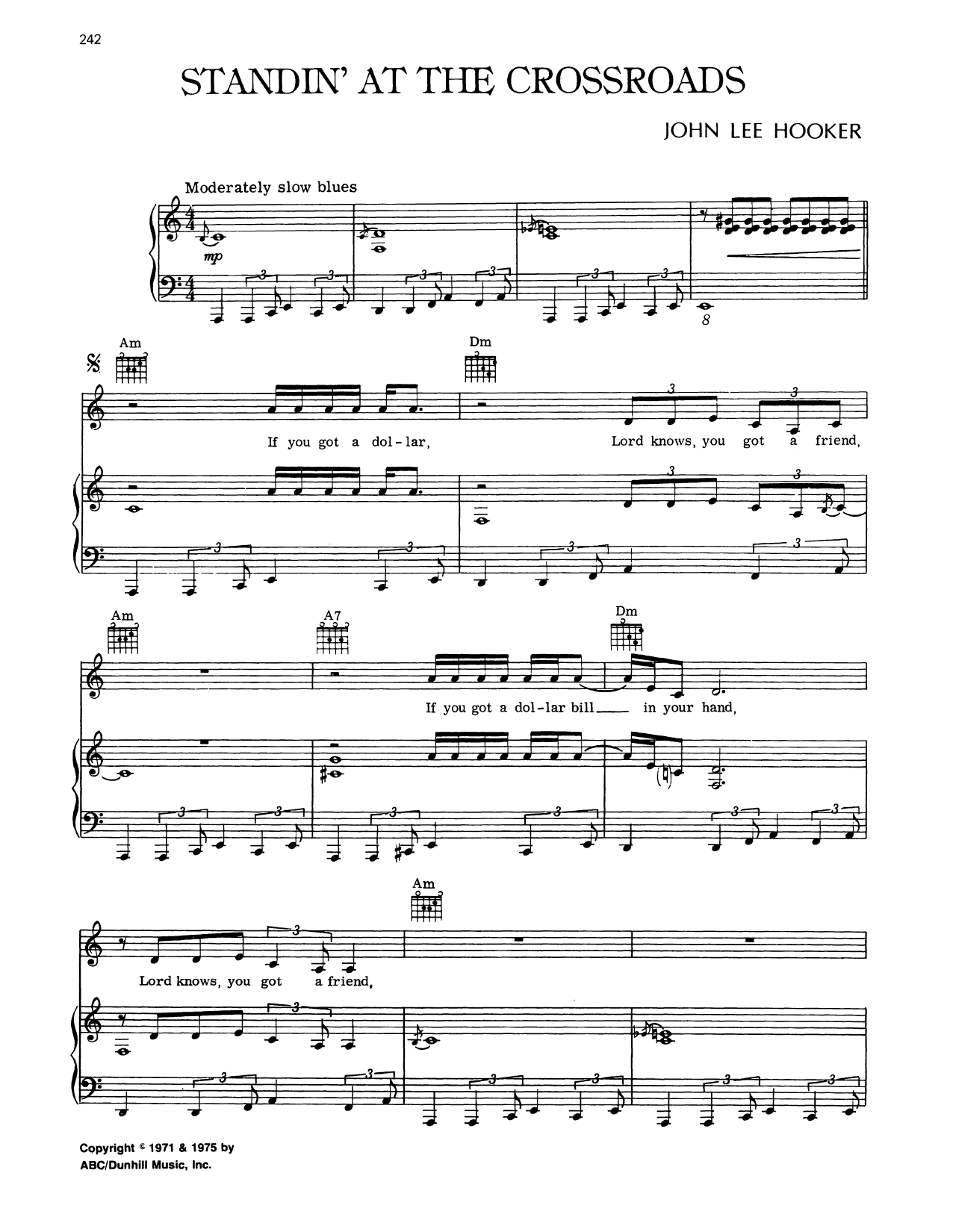 Download John Lee Hooker Standing At The Crossroads Sheet Music and learn how to play Piano, Vocal & Guitar Chords (Right-Hand Melody) PDF digital score in minutes
