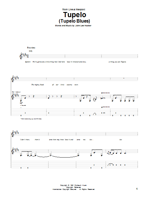 Download John Lee Hooker Tupelo (Tupelo Blues) Sheet Music and learn how to play Piano, Vocal & Guitar (Right-Hand Melody) PDF digital score in minutes