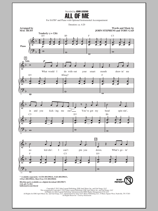 Download John Legend All Of Me (arr. Mac Huff) Sheet Music and learn how to play 2-Part Choir PDF digital score in minutes
