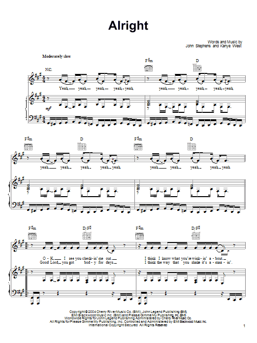 Download John Legend Alright Sheet Music and learn how to play Piano, Vocal & Guitar (Right-Hand Melody) PDF digital score in minutes